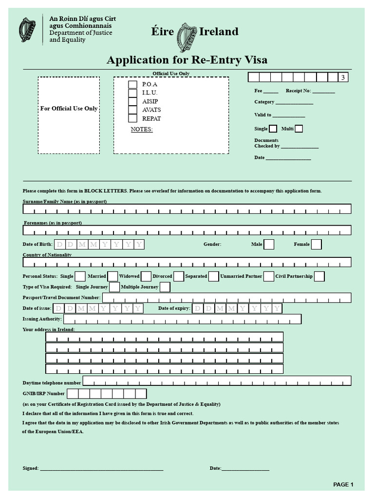 Ireland Re-Entry Visa Application Form | PDF | Passport | Travel Visa