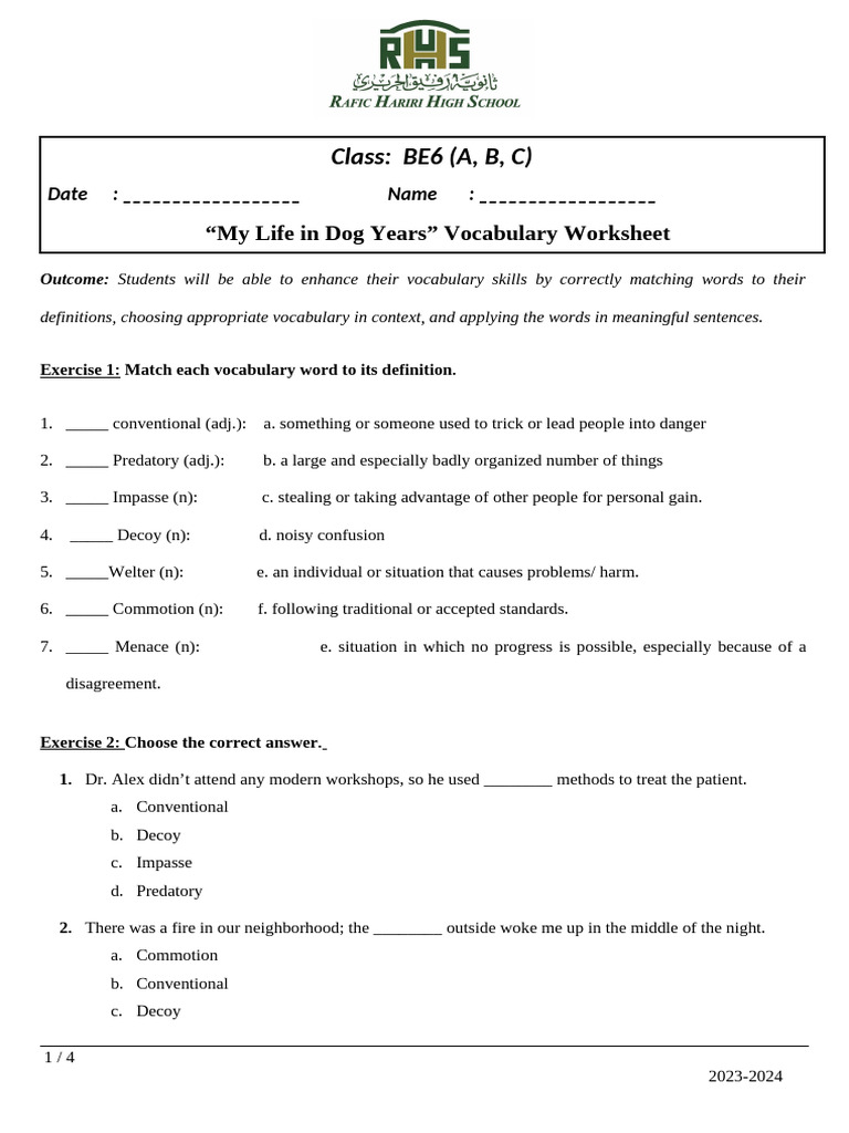 Vocabulary Worksheet Pdf