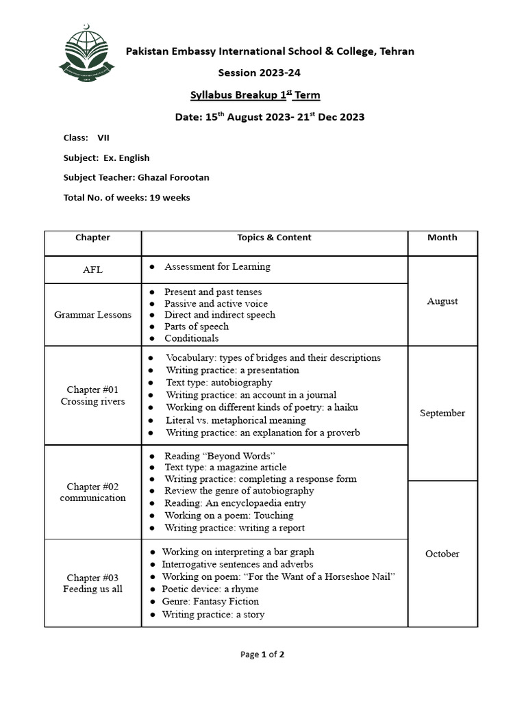 Ex. English VII-Term 1-Syllabus Break Up 2023-24 (S) | PDF | Poetry ...
