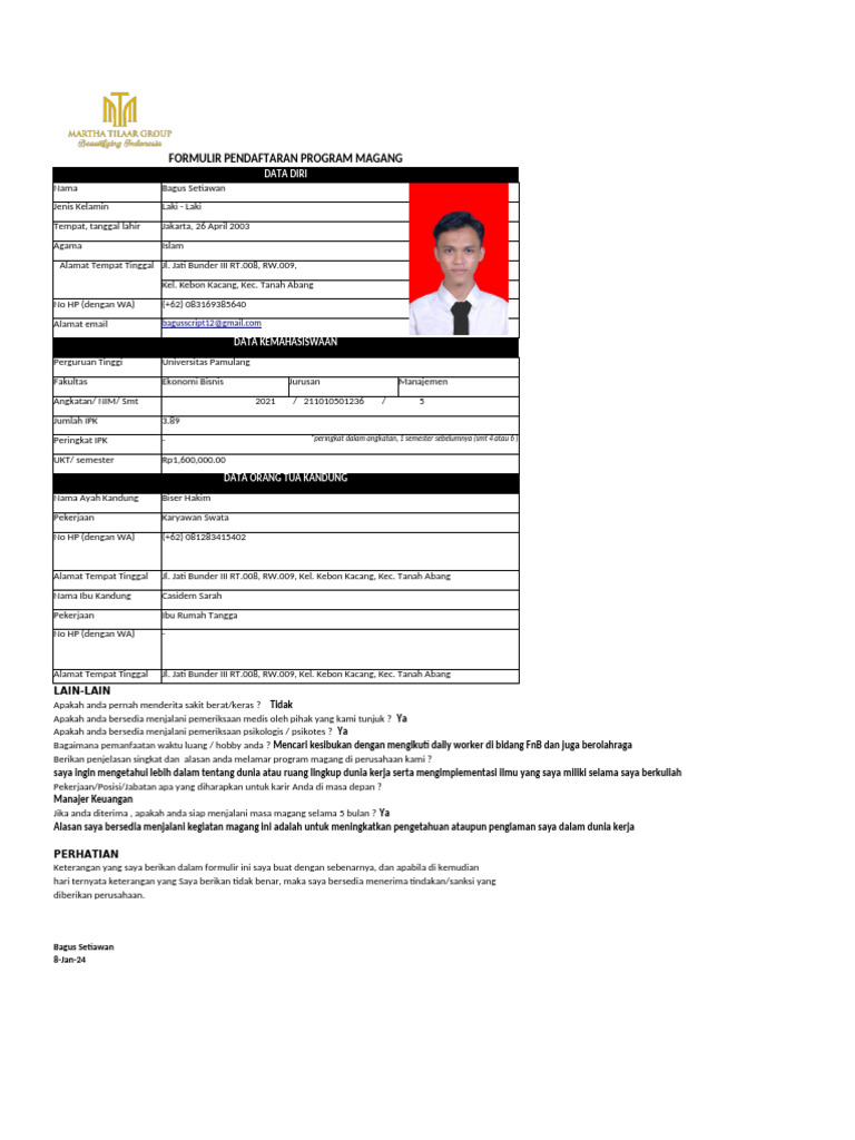 Formulir Pendaftaran Magang Ekonomi | PDF