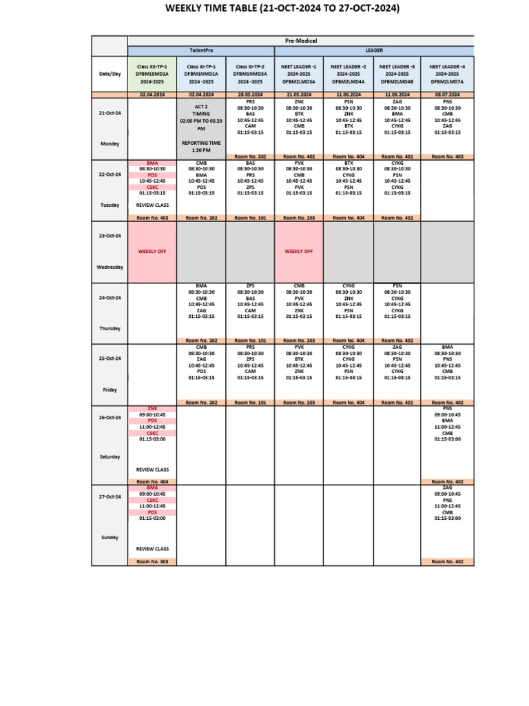 Neet Time Table 21 Oct - 27 Oct | PDF