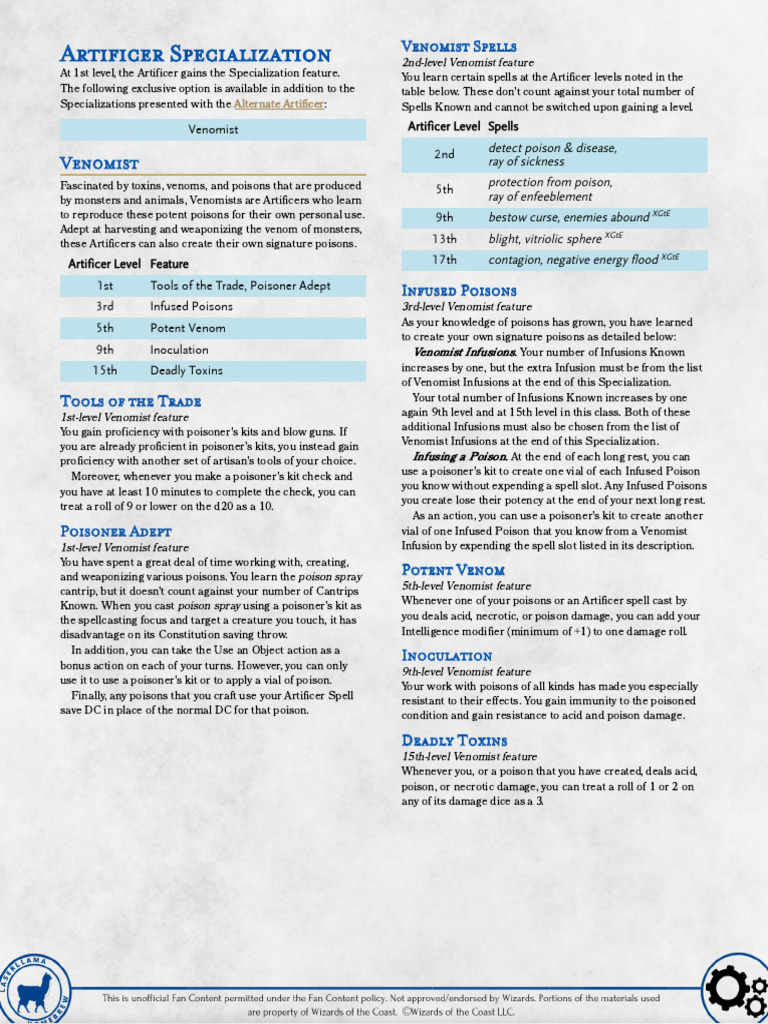 Artificer (Alternate) - Venomist | PDF