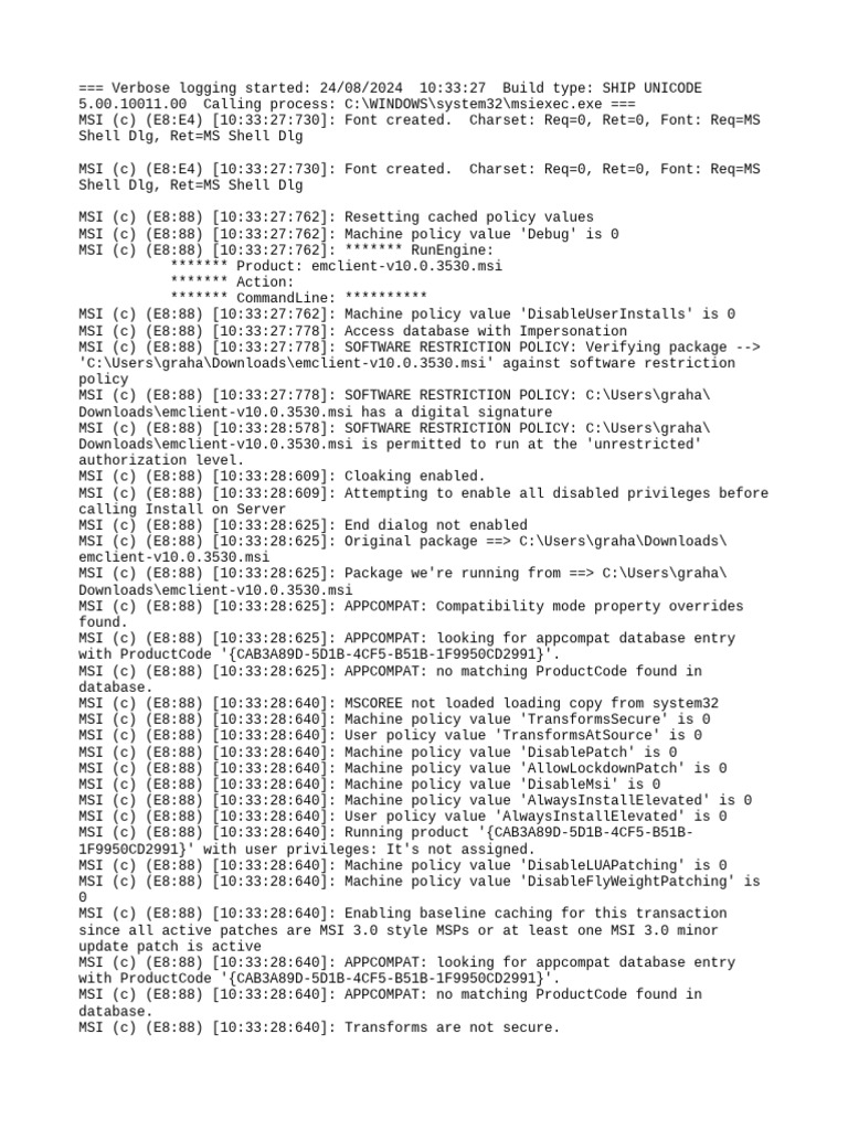 MSI Installation Log for eM Client | PDF | Windows Registry | User ...