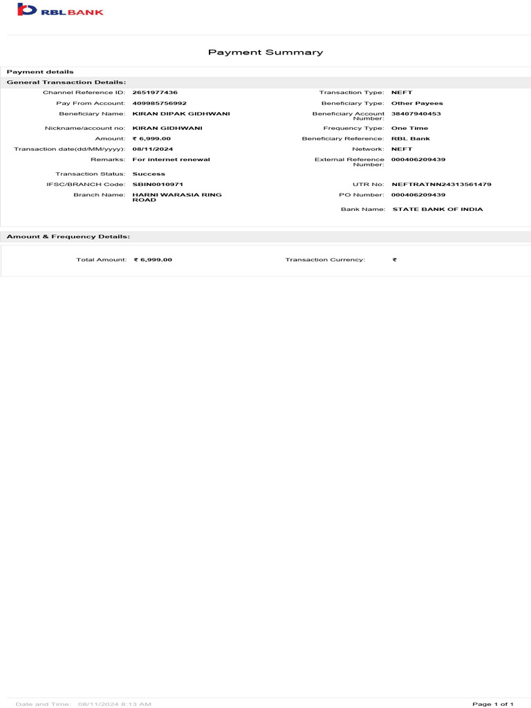NEFT Payment Summary for Kiran Gidhwani | PDF