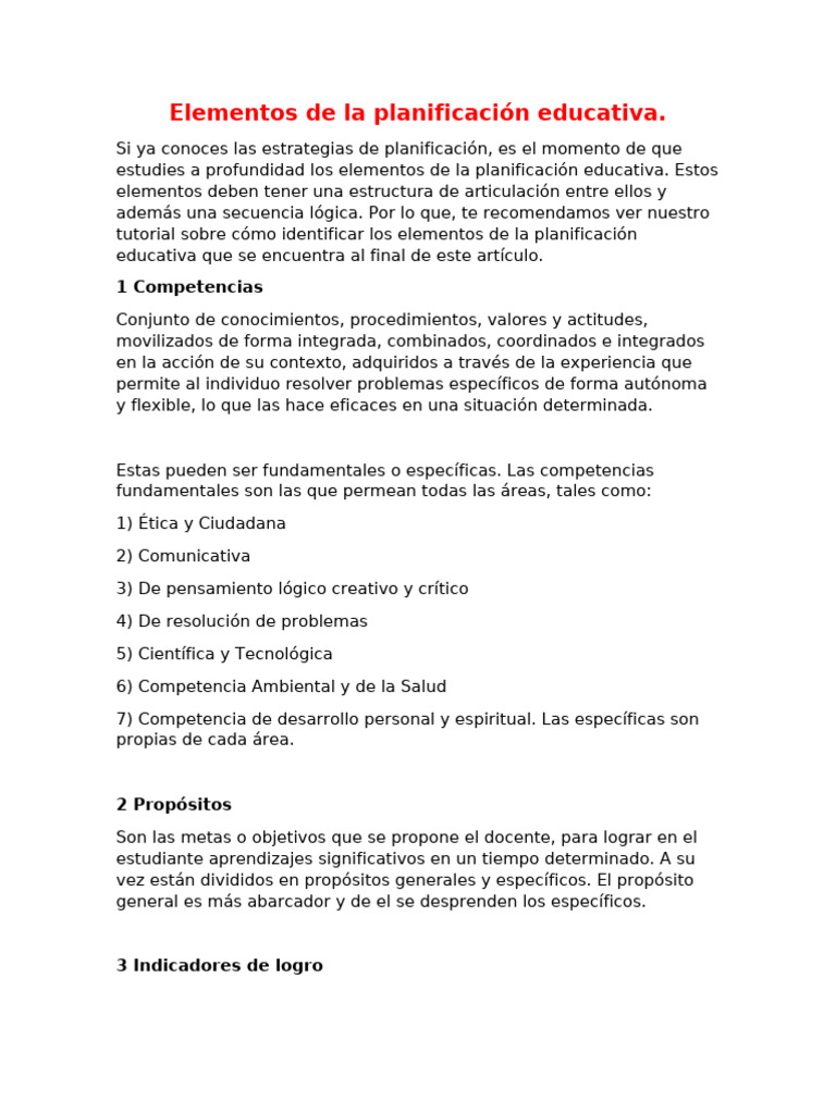 Elementos clave de planificación educativa | PDF | Maestros | Enseñando