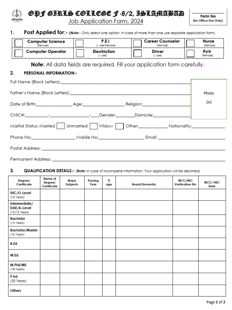 OPF Girls College Job Application 2024 | PDF