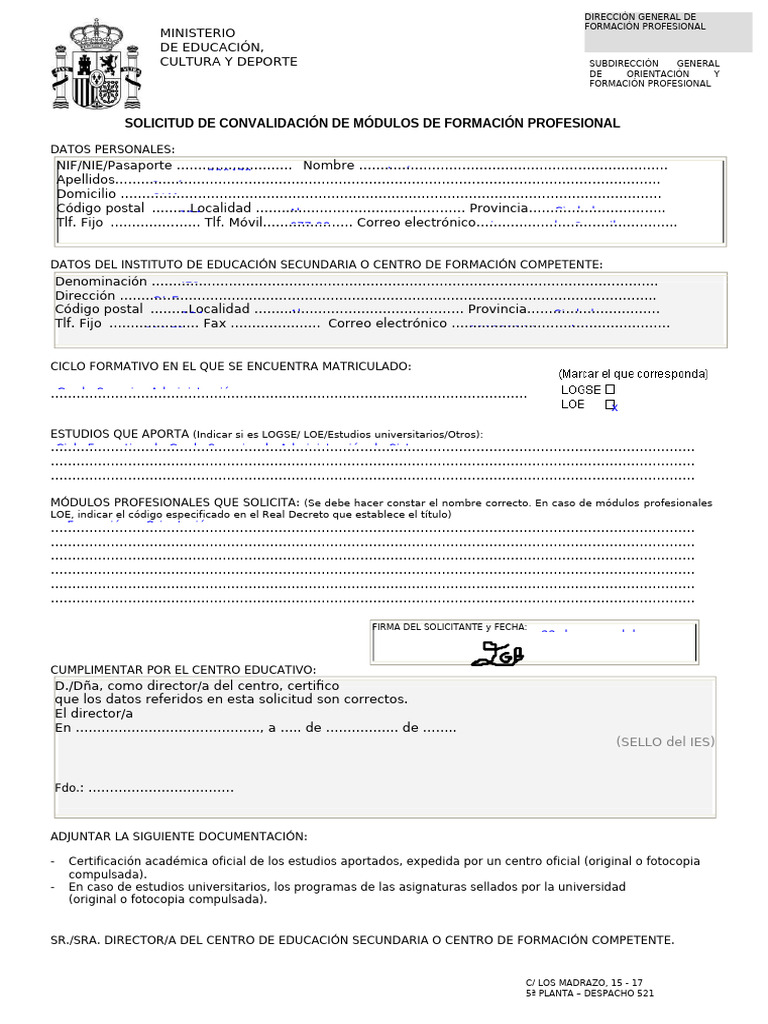 Solicitud de Convalidación FP | PDF