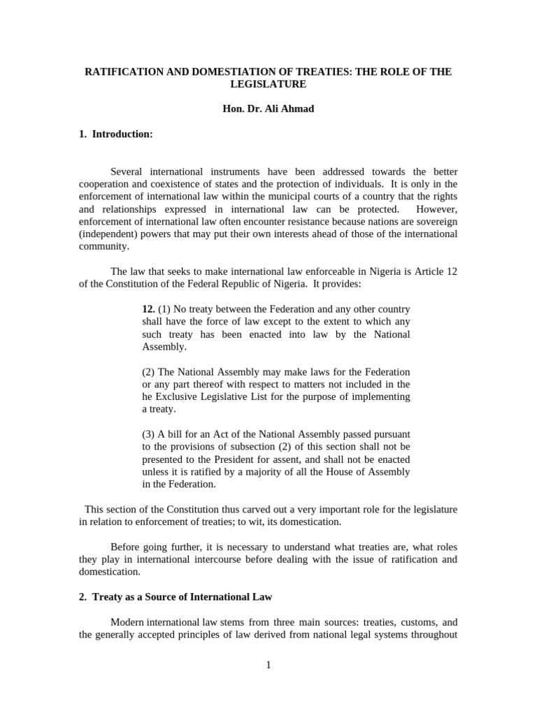 Ratification and Domestiation of Treaties | PDF | Treaty | Ratification