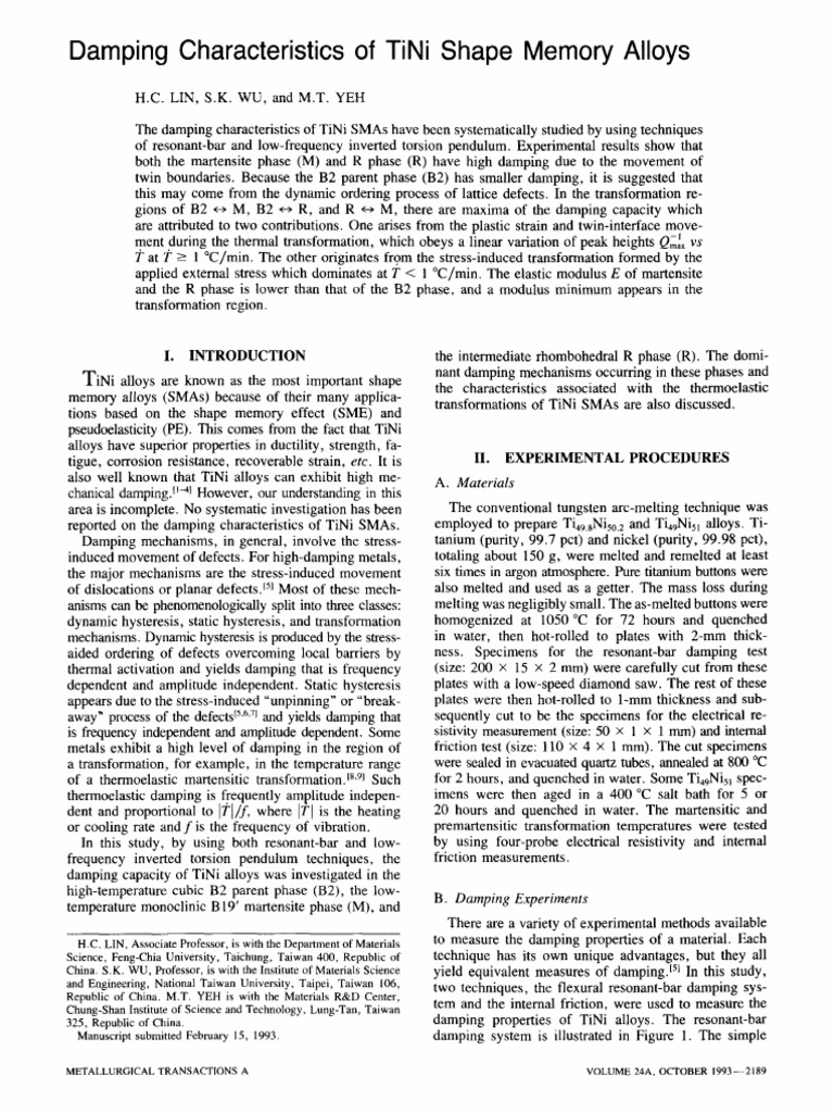 Damping Properties of TiNi Shape Memory Alloys | PDF | Shape Memory ...