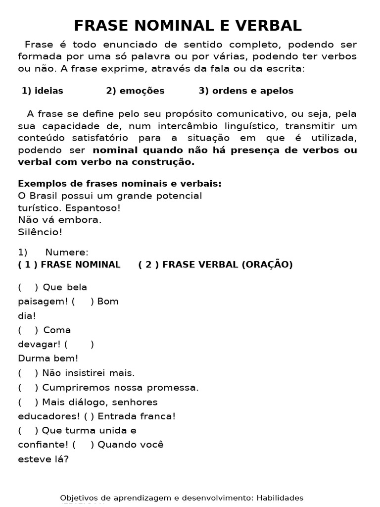 Frases Nominais e Verbais: Definições e Exemplos | PDF | Assunto ...