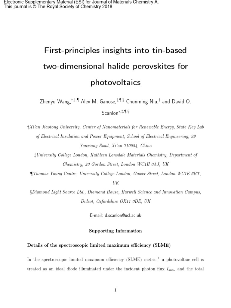 Tin-Based 2D Halide Perovskites for PVs | PDF | Crystal Structure ...
