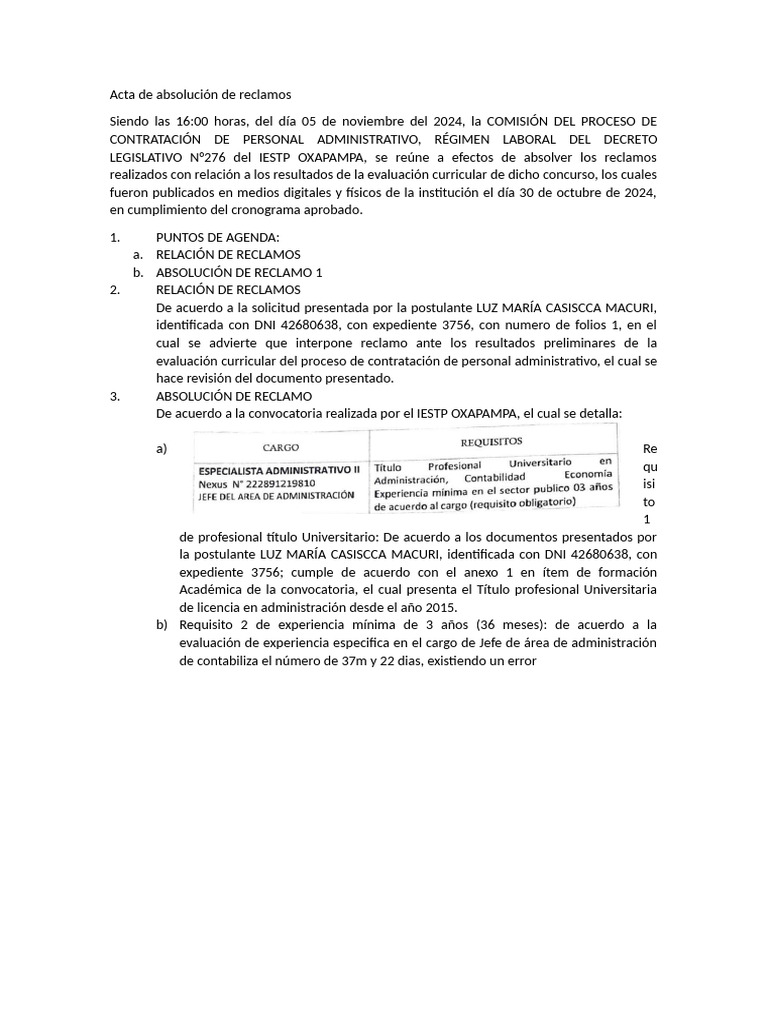 Acta de Absolución de Reclamos | PDF
