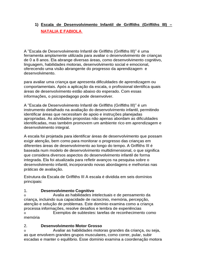 Avaliação do Desenvolvimento Infantil Griffiths III | PDF | Aprendizado ...