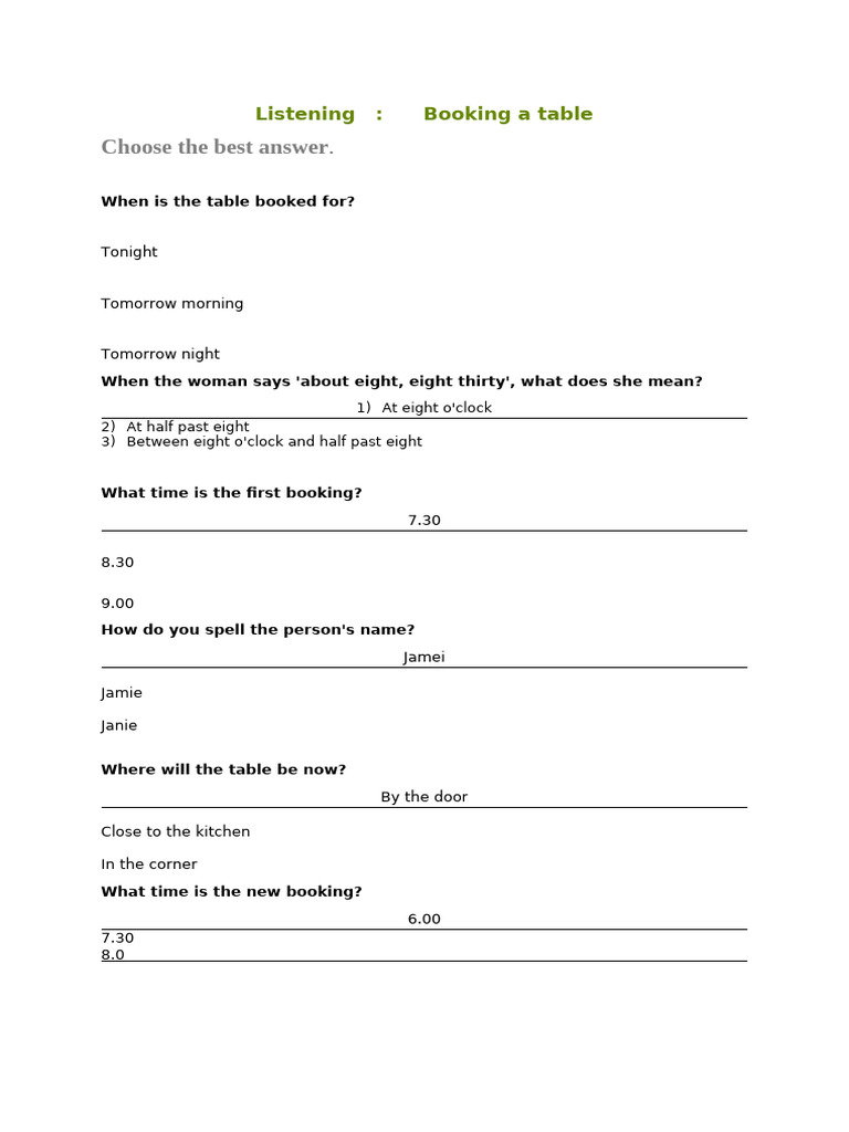 Table Booking Listening Exercise | PDF