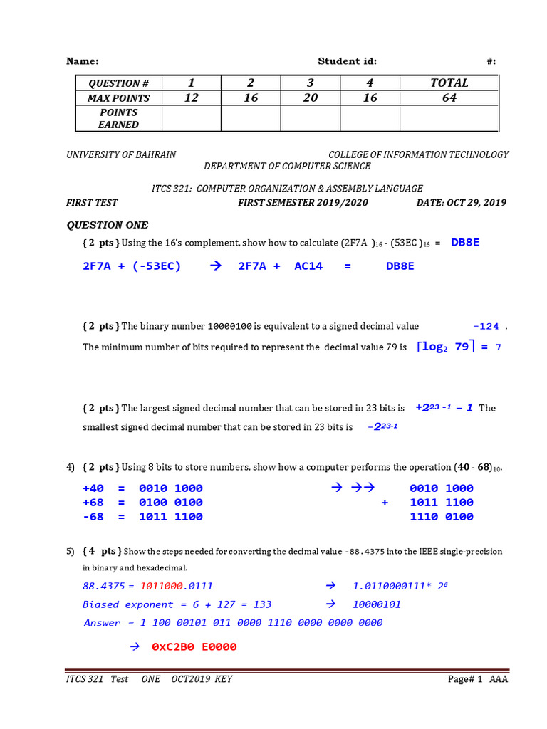 ITCS 321 Test ONE OCT2019 KEY | PDF | Bit | Computer Memory