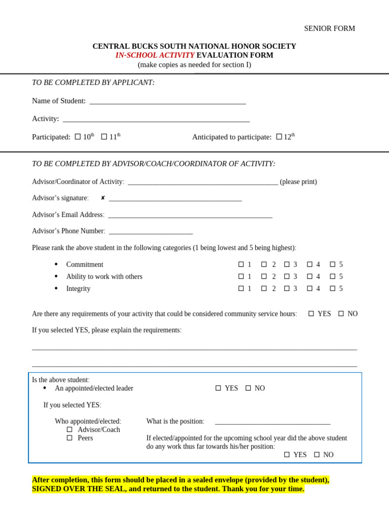 2020 School SVC Eval Form - Senior - New - South | PDF | Career & Growth