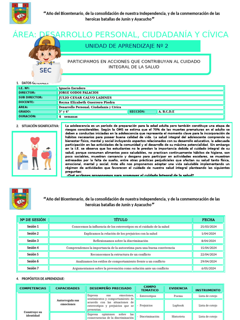 3º y 4° UNIDAD DE APRENDIZAJE - N°. 02 Y 03 - DPCC | PDF | Aprendizaje ...
