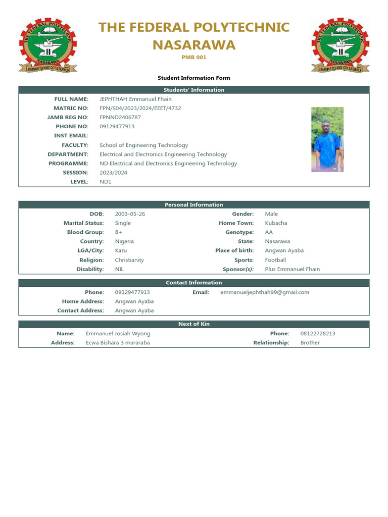 The Federal Polytechnic Nasarawa: Student Information Form | PDF ...