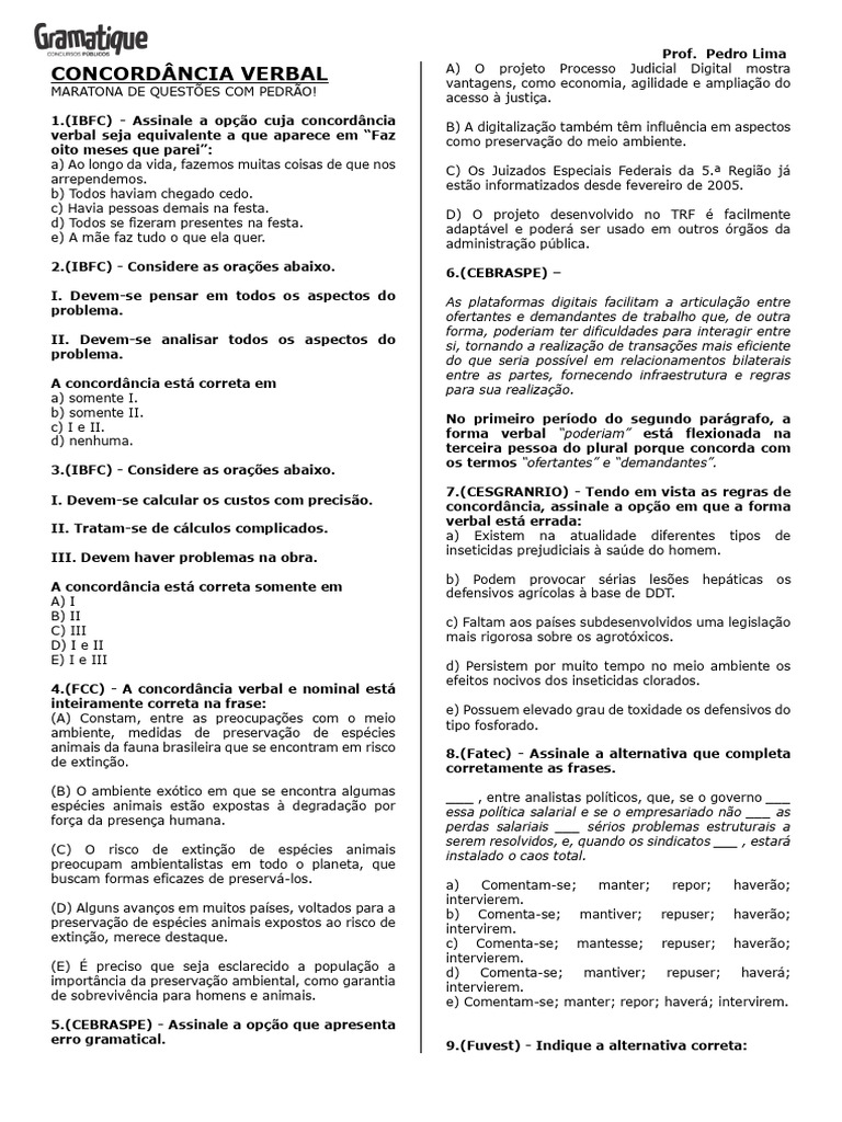 Concordância Verbal - Maratona de Questões | PDF