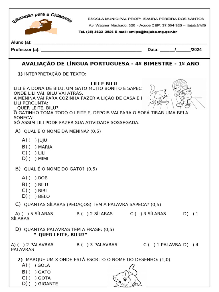 Prova de Português - 1º Ano | PDF | Linguística