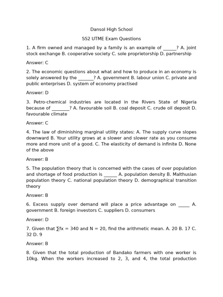 SS2 Economics Joint Exam Questions 2025 | PDF | Economic Equilibrium ...