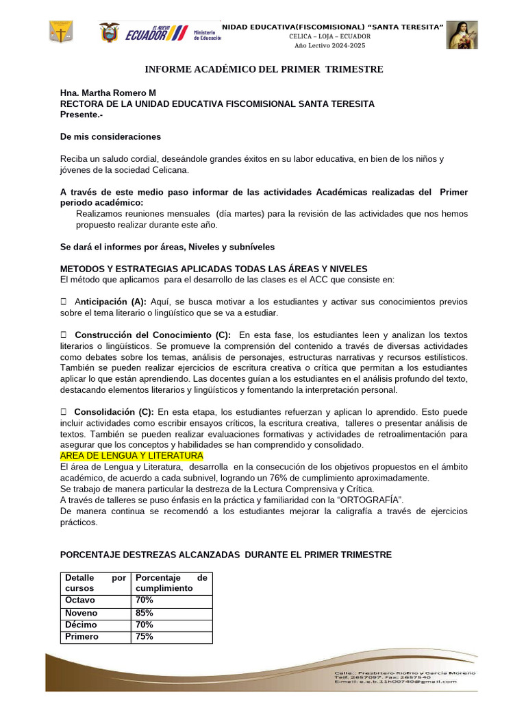 Informe Académico Primer Trimestre 2024 | PDF | Aprendizaje | Enseñando