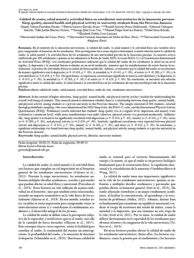 Calidad de Sueño, Salud Mental y Actividad Física en Estudiantes ...