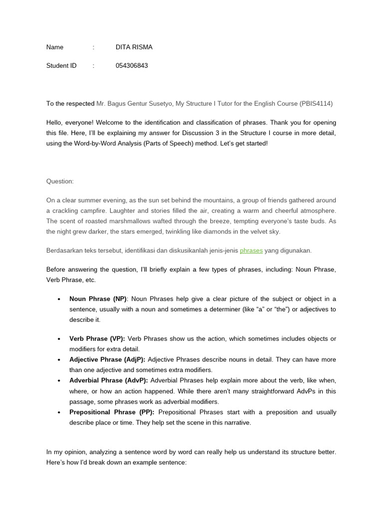 Word-by-Word Analysis (Parts of Speech) | PDF | Phrase | Preposition ...