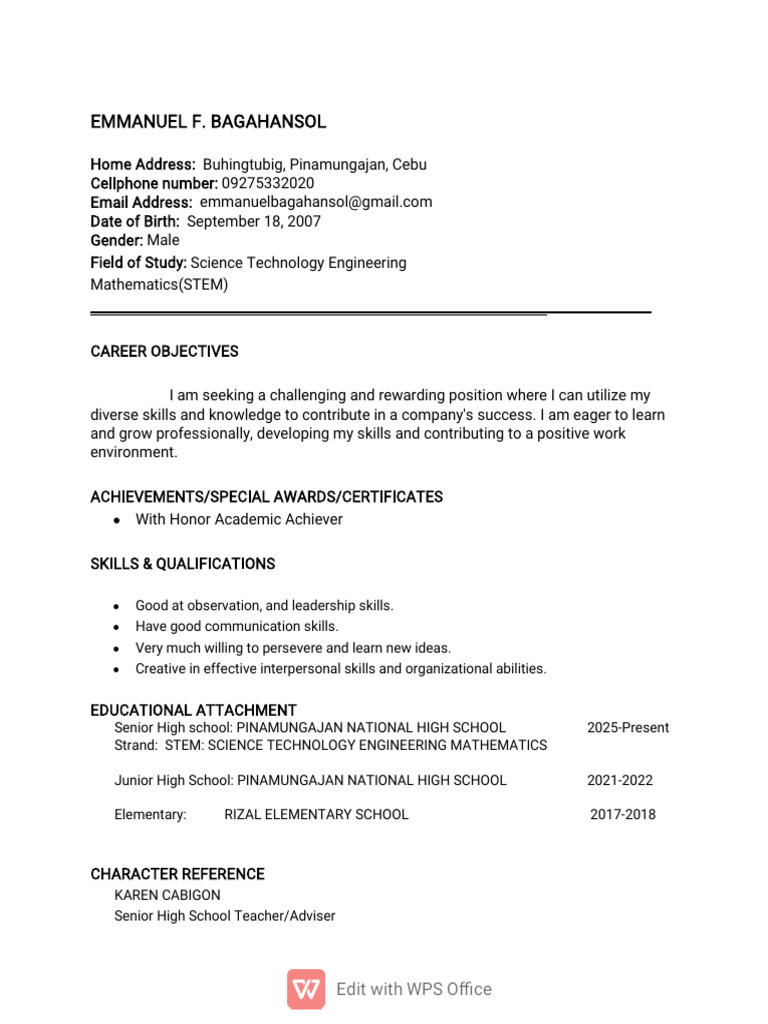 Emmanuel Bagahansol Resume Summary | PDF