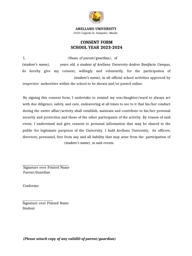 Arellano University Consent Form 2023-2024 | PDF | Wellness | Science ...