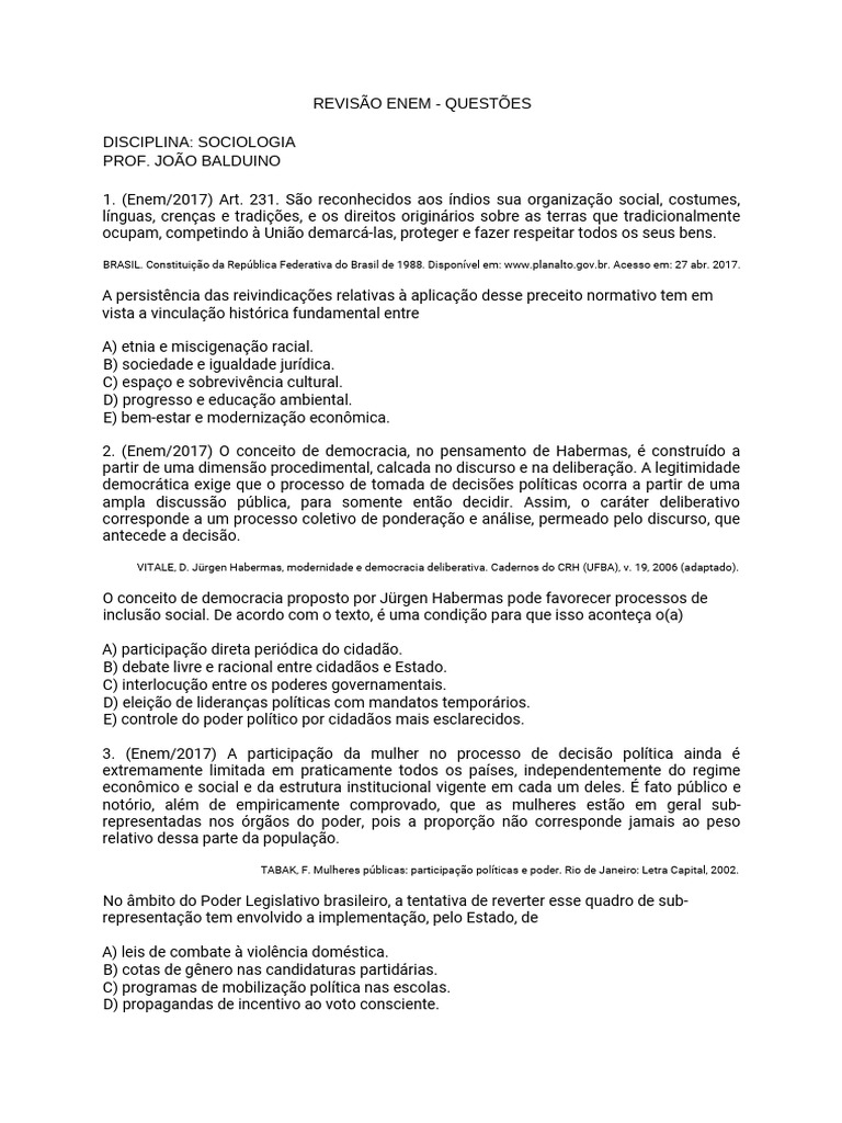 Questões de Sociologia para o ENEM | PDF | Sociologia | Democracia