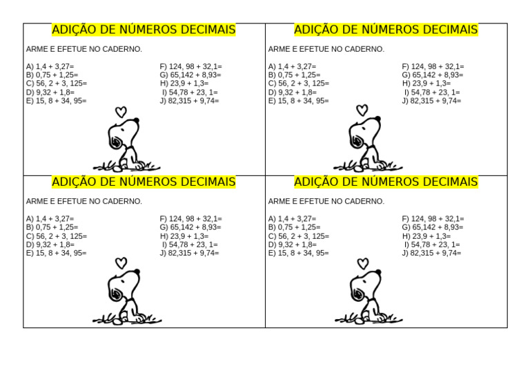 Exercícios de Adição de Decimais 4º Ano | PDF