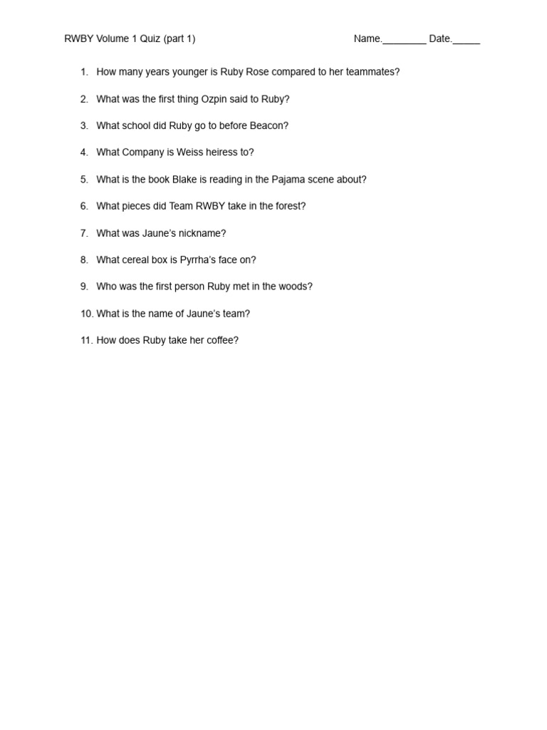 RWBY Volume 1 Quiz | PDF