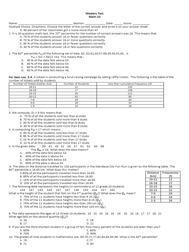 Mastery test math 10 pdf percentile quartile