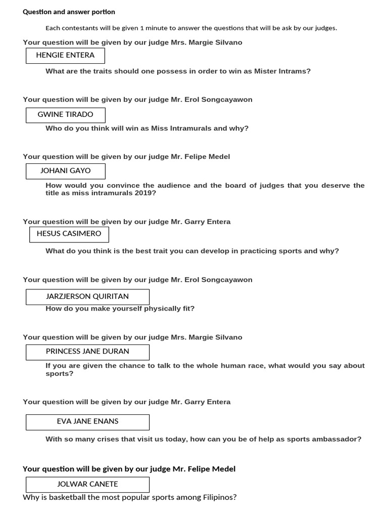 Pageant Questions For Miss Intramurals | PDF