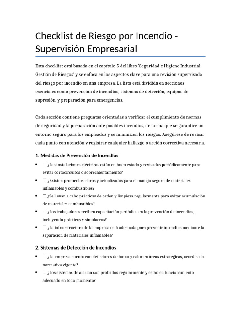Checklist de Riesgo por Incendio Empresarial | PDF | Seguridad y salud ...