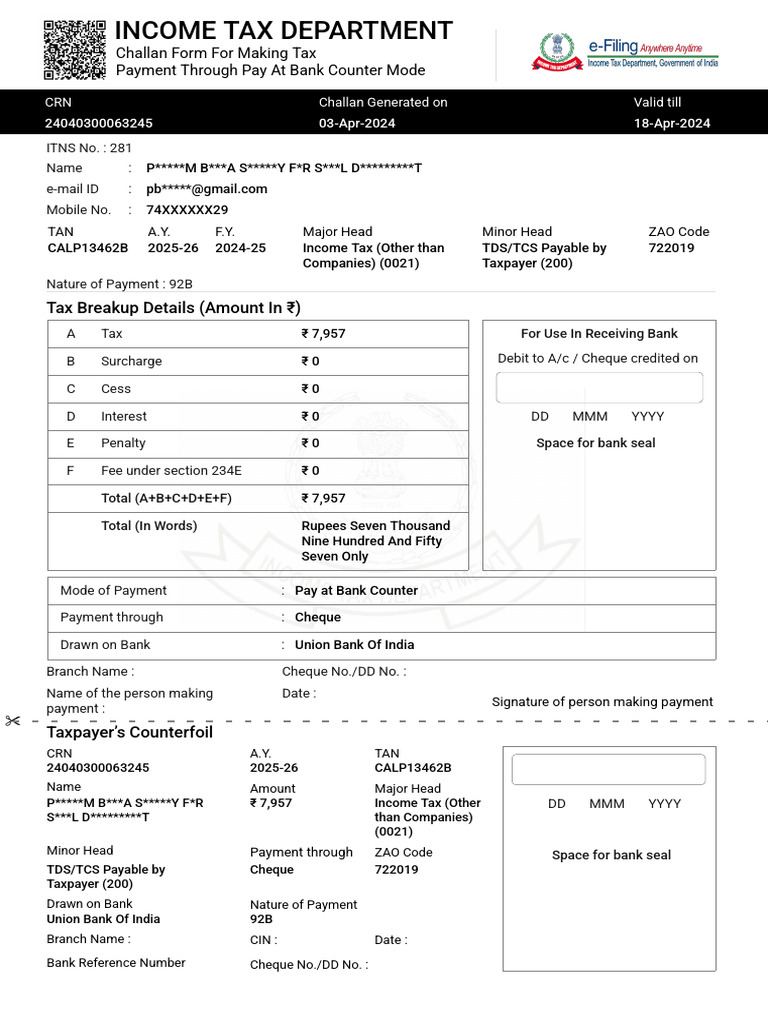 Income Tax Payment Challan Form | PDF | Cheque | Banks