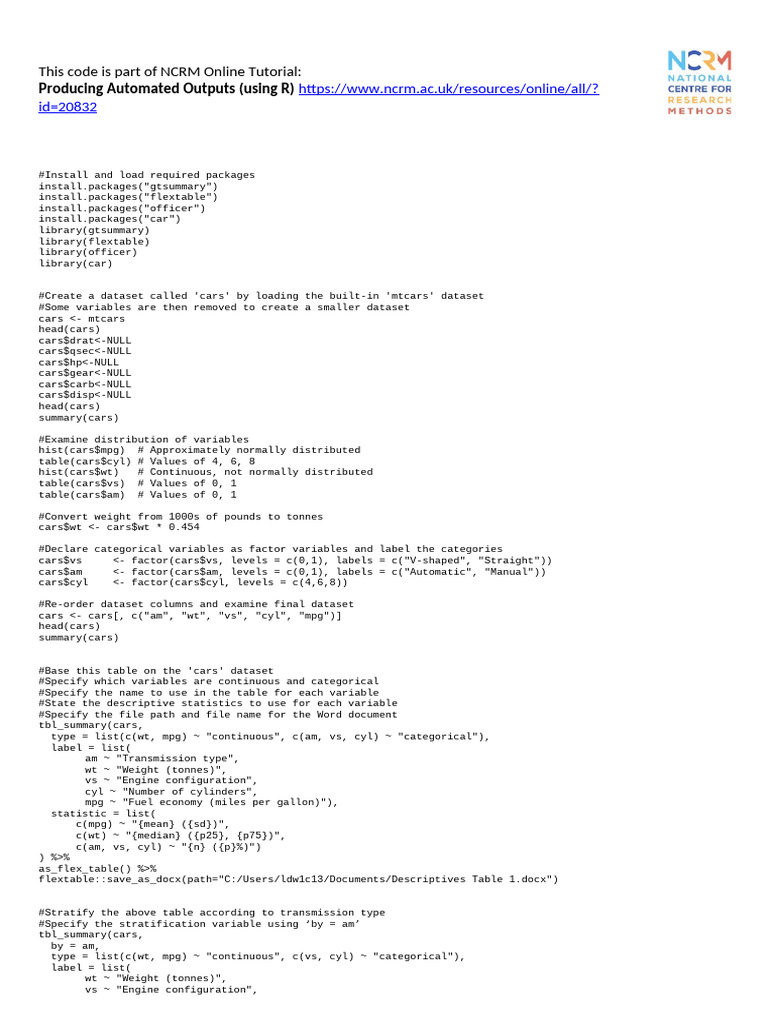 R Code - Producing Automated Outputs | PDF | Fuel Economy In ...