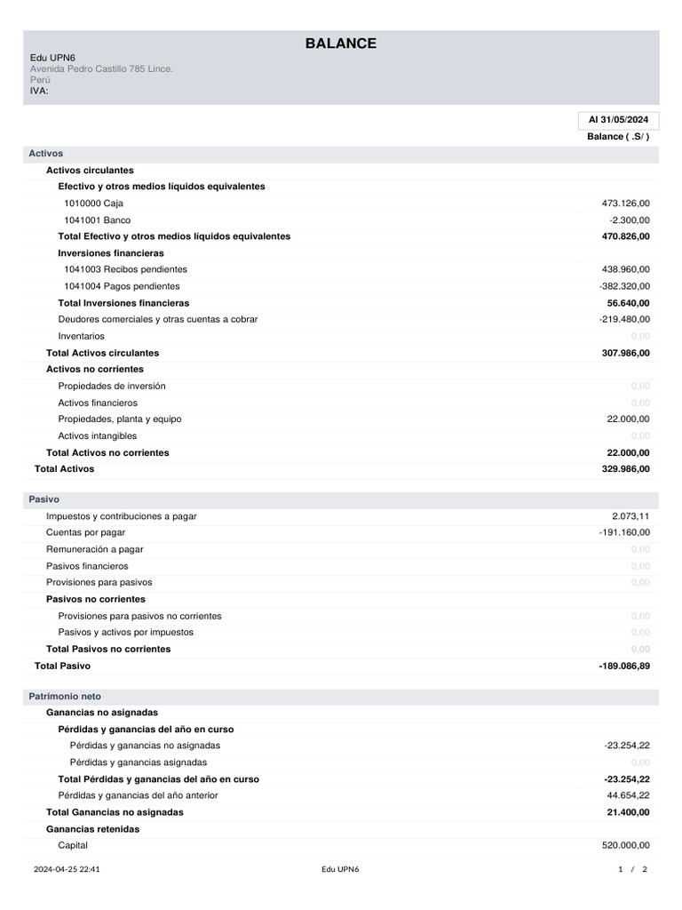Balance financiero al 31/05/2024 | PDF | Hoja de balance | Economía ...