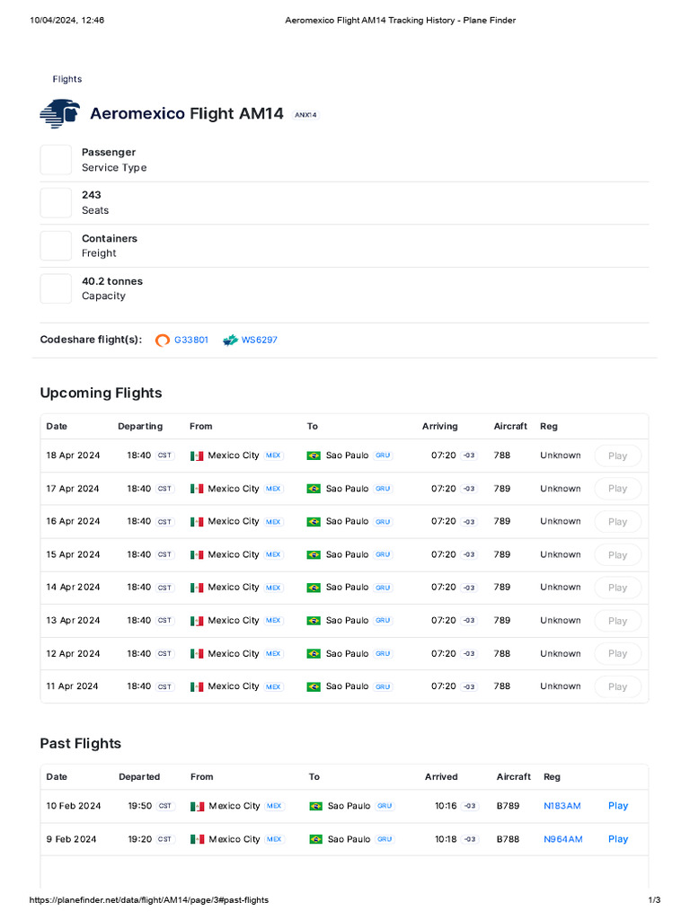 Aeromexico Flight AM14 Tracking History - Plane Finder | PDF ...