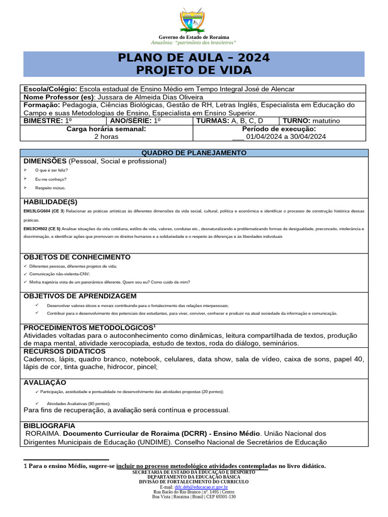 Plano de Aula: Projeto de Vida 2024 | PDF | Pedagogia | Sociologia
