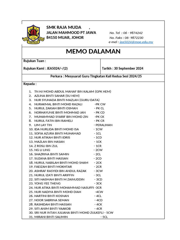 MEMO DALAMAN Mesyuarat GURU TINGKATAN | PDF