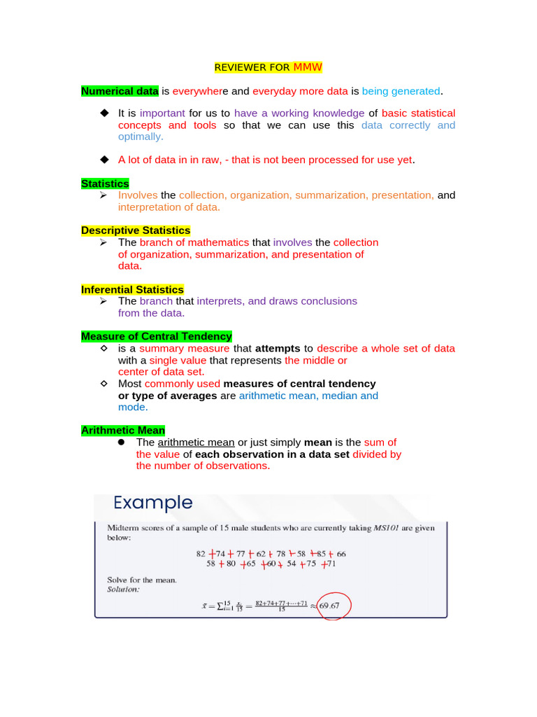 REVIEWER FOR MMW | PDF | Arithmetic Mean | Statistics