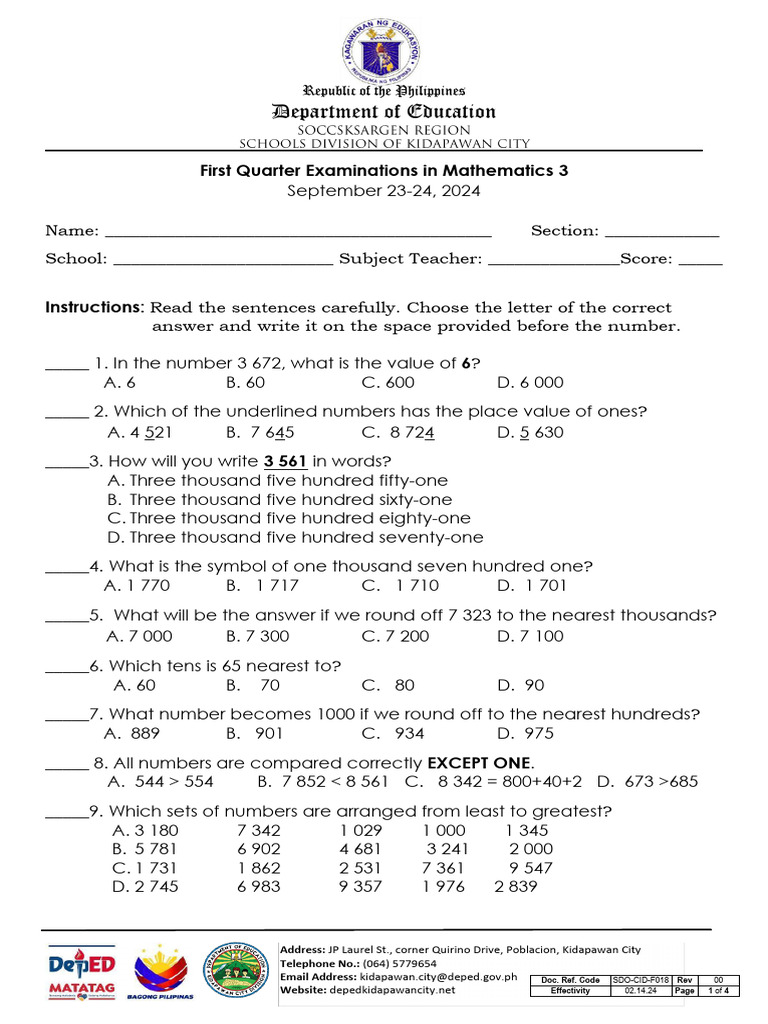 Q1_Math 3 | PDF | Subtraction | Mathematics
