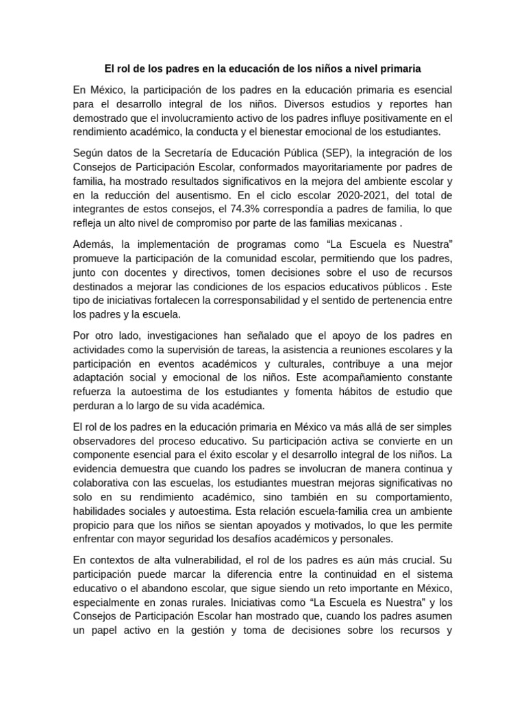 El Rol de Los Padres en La Educación de Los Niños A Nivel Primaria ...