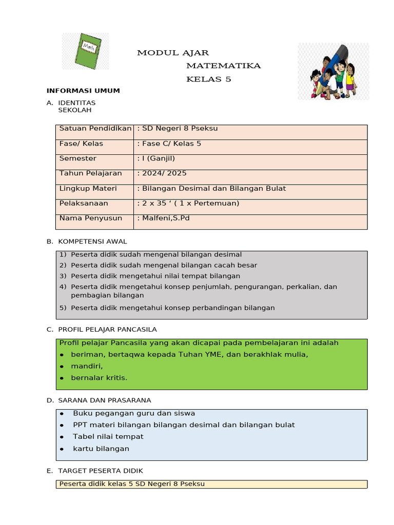 Modul Ajar Bilangan Desimal Kelas 5 | PDF