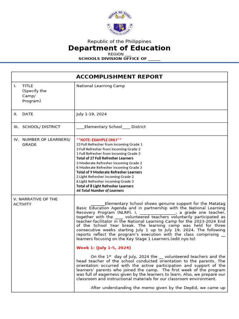 National Learning Camp Accomplishment Report | PDF | Teachers | Learning