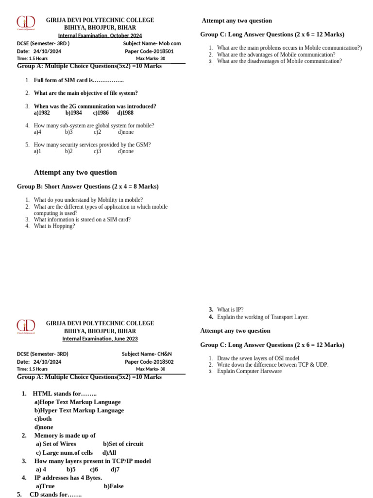 Question Paper CS 5th Sem GDPC | PDF | Transmission Control Protocol ...