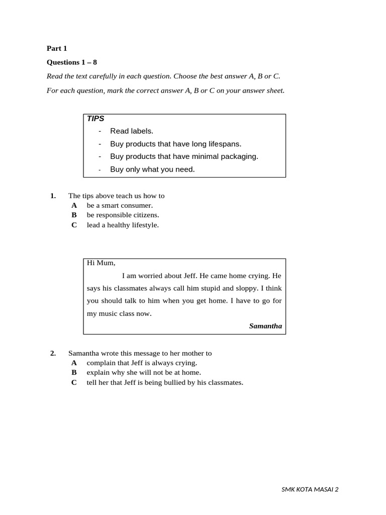 English Paper 1 & Paper 2 Form 1/2 | PDF