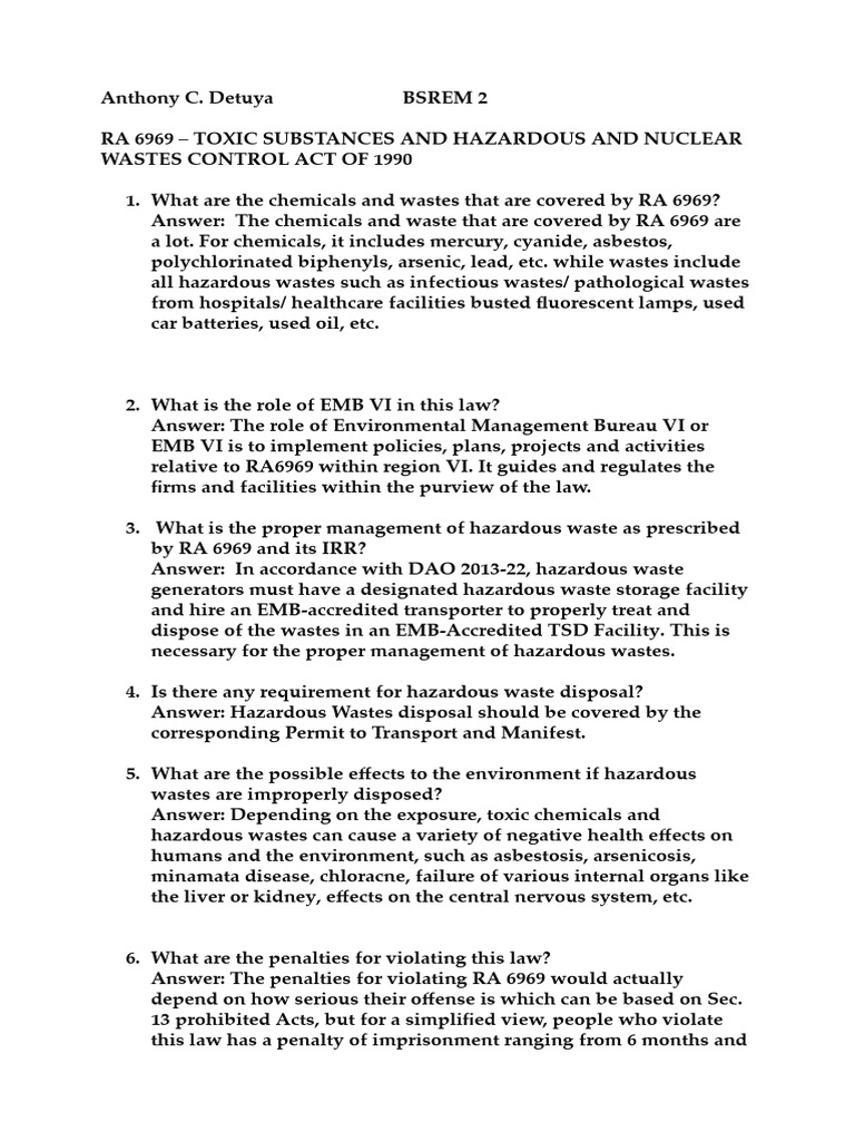 Detuya Ra 6969 Activity | PDF | Waste | Hazardous Waste